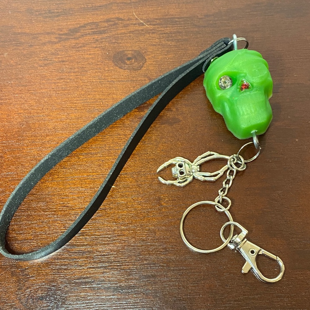 Green Skull Keychain with Leather Strap